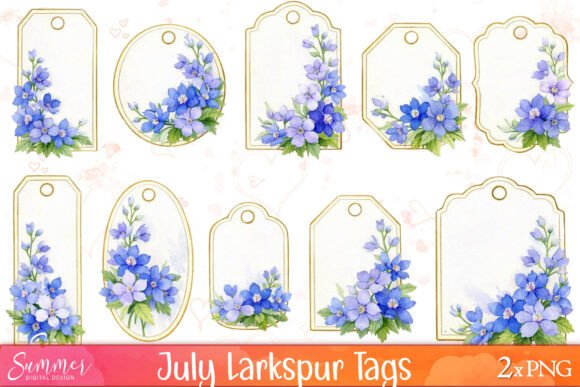 July Larkspur Tag Clipart: A Watercolor Touch for Summer Designs