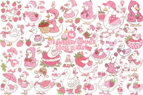 Strawberry Summer Goose Clipart: Sweet, Whimsical Designs