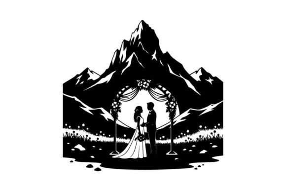 Wedding Couple Under Mountain Archway: A Clean, Sharp Silhouette for Modern Design